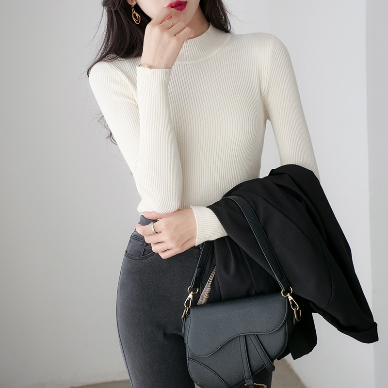 【Elegant】Women Bodycon Half-Collar Long Sleeve Pullovers  Knitted Tops 7446