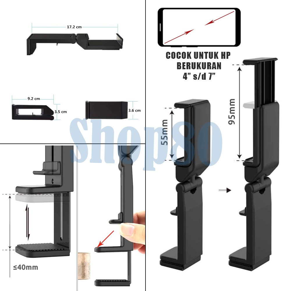 Phone Holder Multi Fungsi 3in1 Universal Selfie Stick Meja Mobil Jepit Gantung Lipat HP