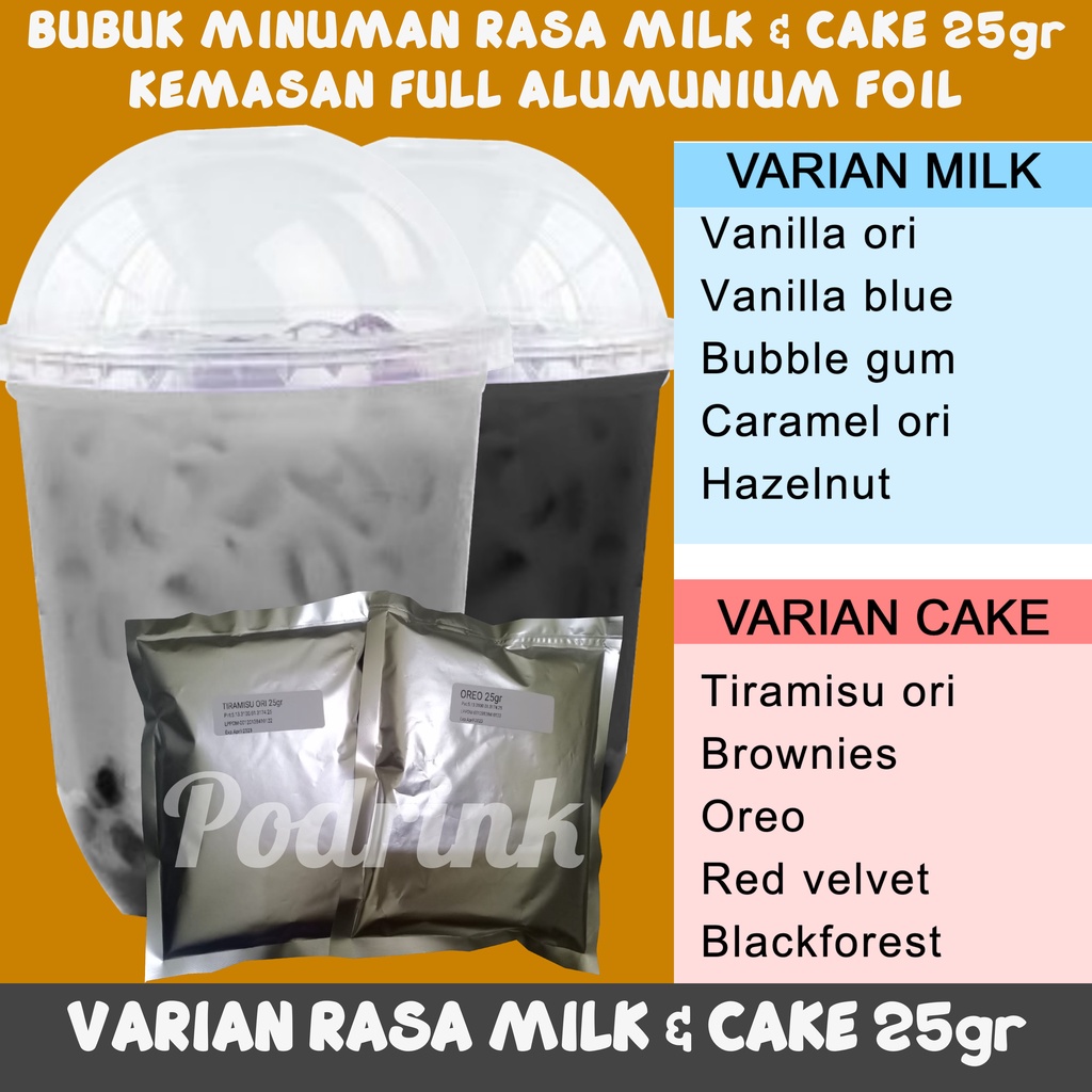 

Bubuk Minuman 25gr Murah Varian Milk dan Cake Untuk Boba, Esblend, Jellydrink dsb (mix gula)