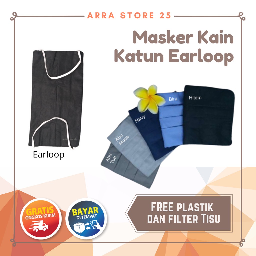 Masker kain katun 2 lapis kain + 1 slot tissue EARLOOP Ready Stock