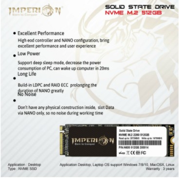 Ssd m.2 imperion 512gb nvme 2280 3d nand flash for pc cpu laptop Pcie 3.0 x4 - Solid state drive m2 m-key nvm