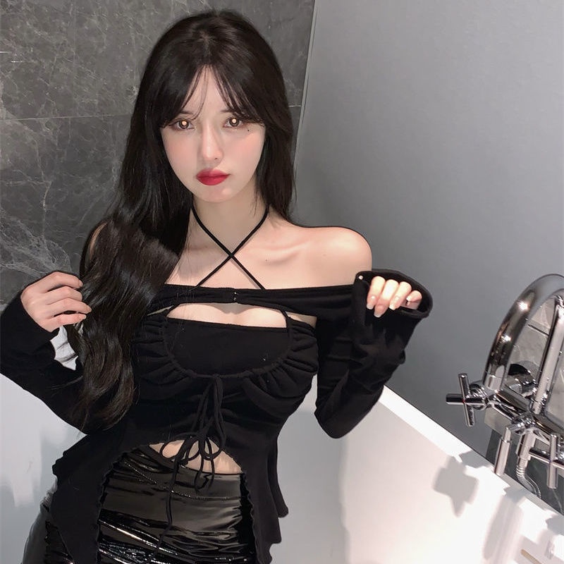 t-shirt impor pakaian wanita gaya kecil off-the-shoulder lengan panjang korset pendek suspender keci