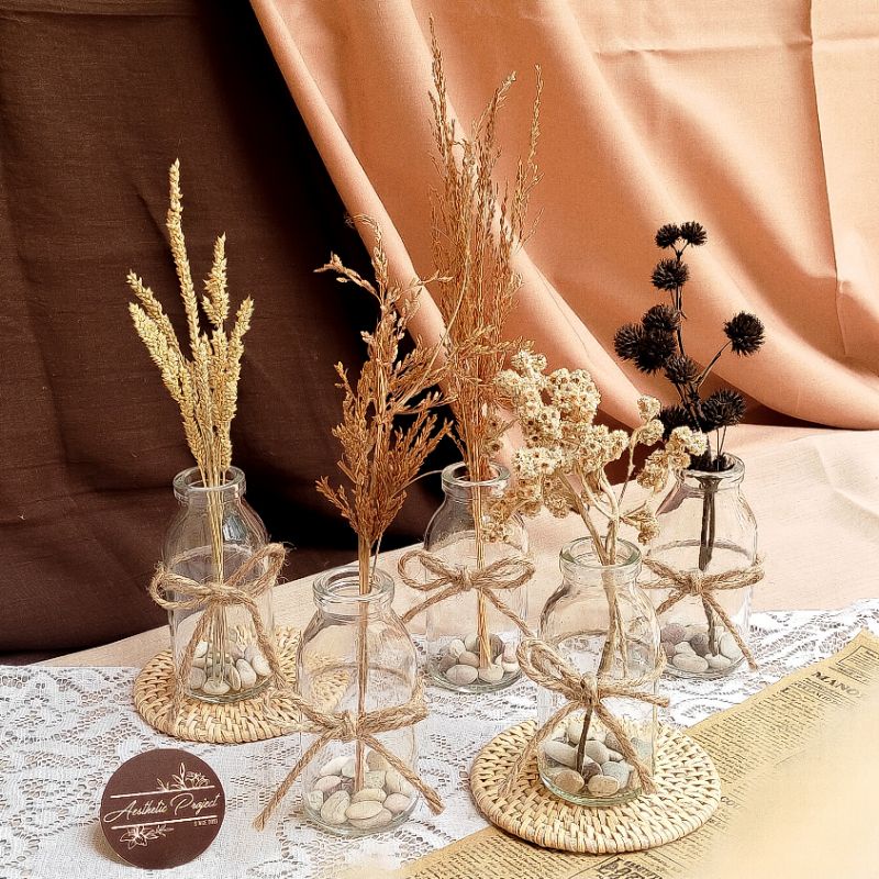 Vas Mini & Bunga Kering Dekorasi Ngonten Aesthetic | Paket Vas Bunga Kering