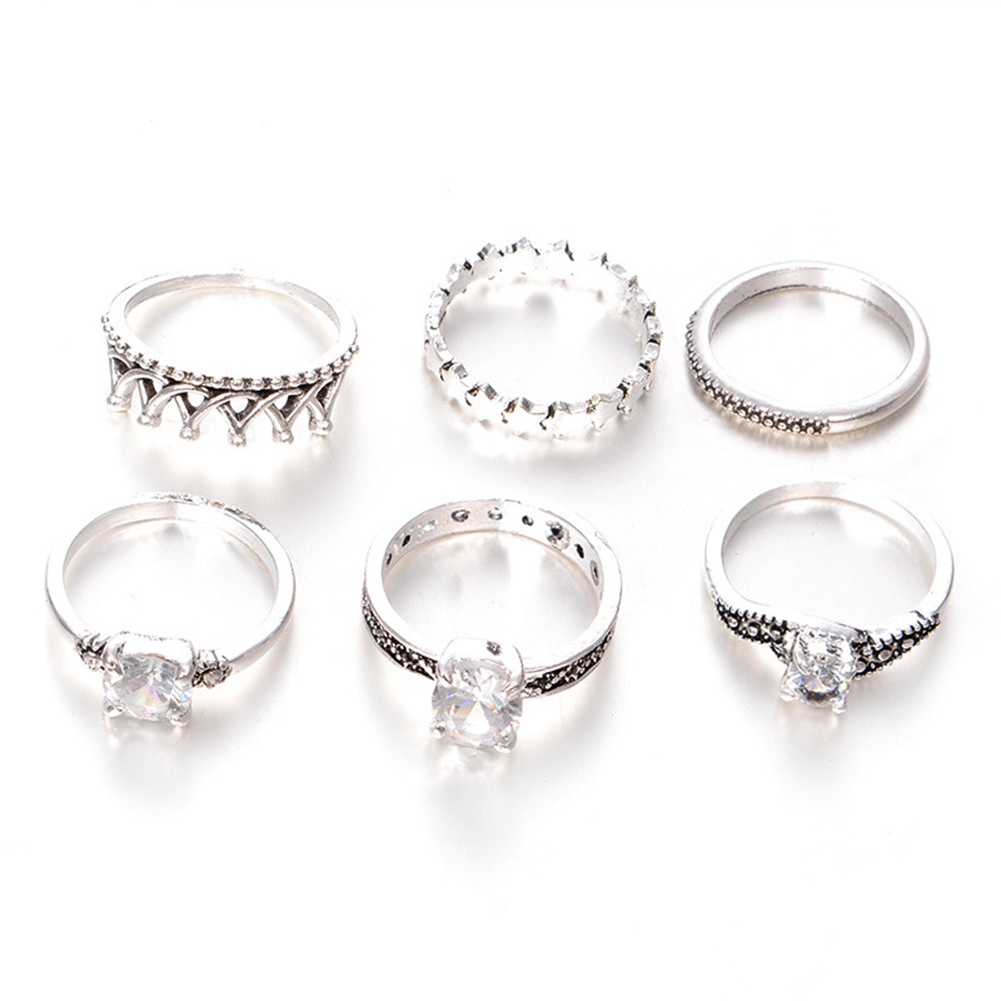 Hu Hu Hu Hu Hu Alat Bantu Pasang Kacamata♡ 6pcs Cincin Knuckle Antik Desain Mahkota Infinity Hias Berlian Imitasi Untuk Wanita