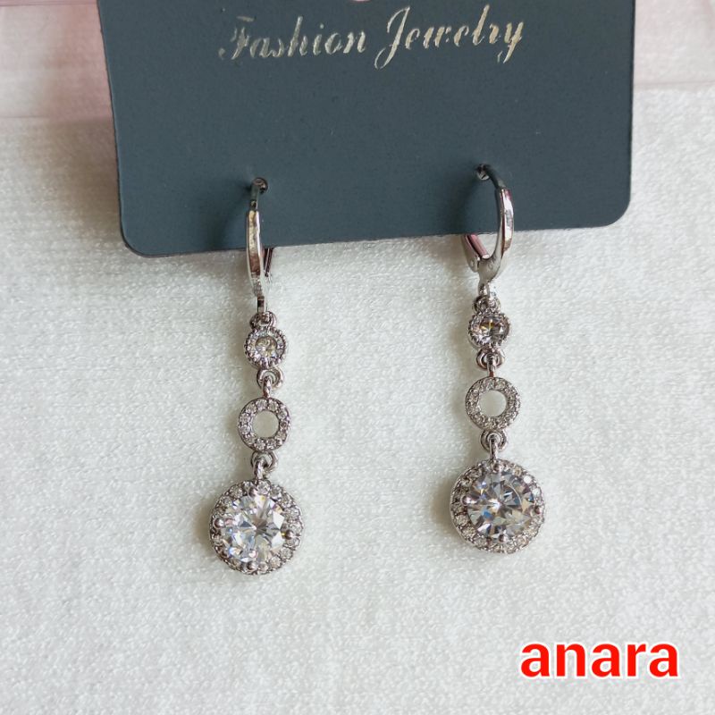 Anting Panjang Silver Premium Permata Sircon / Anting Titanium