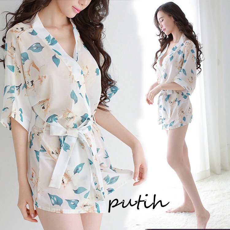 lingerie sexy kimono set G-String baju tidur wanita piyama bahan sifon A187 - 1