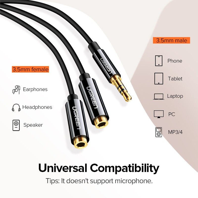 UGREEN Original Kabel Splitter Y Audio Stereo 3.5mm Male to 2 Port Female