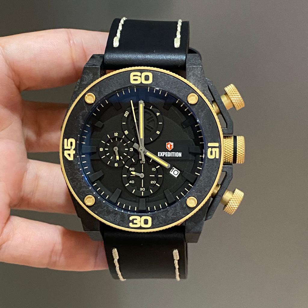 JAM TANGAN PRIA EXPEDITION E 6710 E6710 GOLD BLACK LEATHER ORIGINAL
