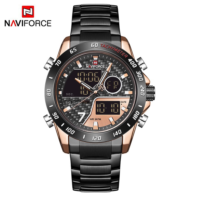 Jam Tangan Pria Naviforce 9171 Dual Time Strap Rantai Stainless Steel Original
