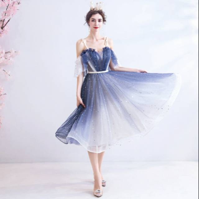 Gaun pesta navy blue prom singer dress evening dresses