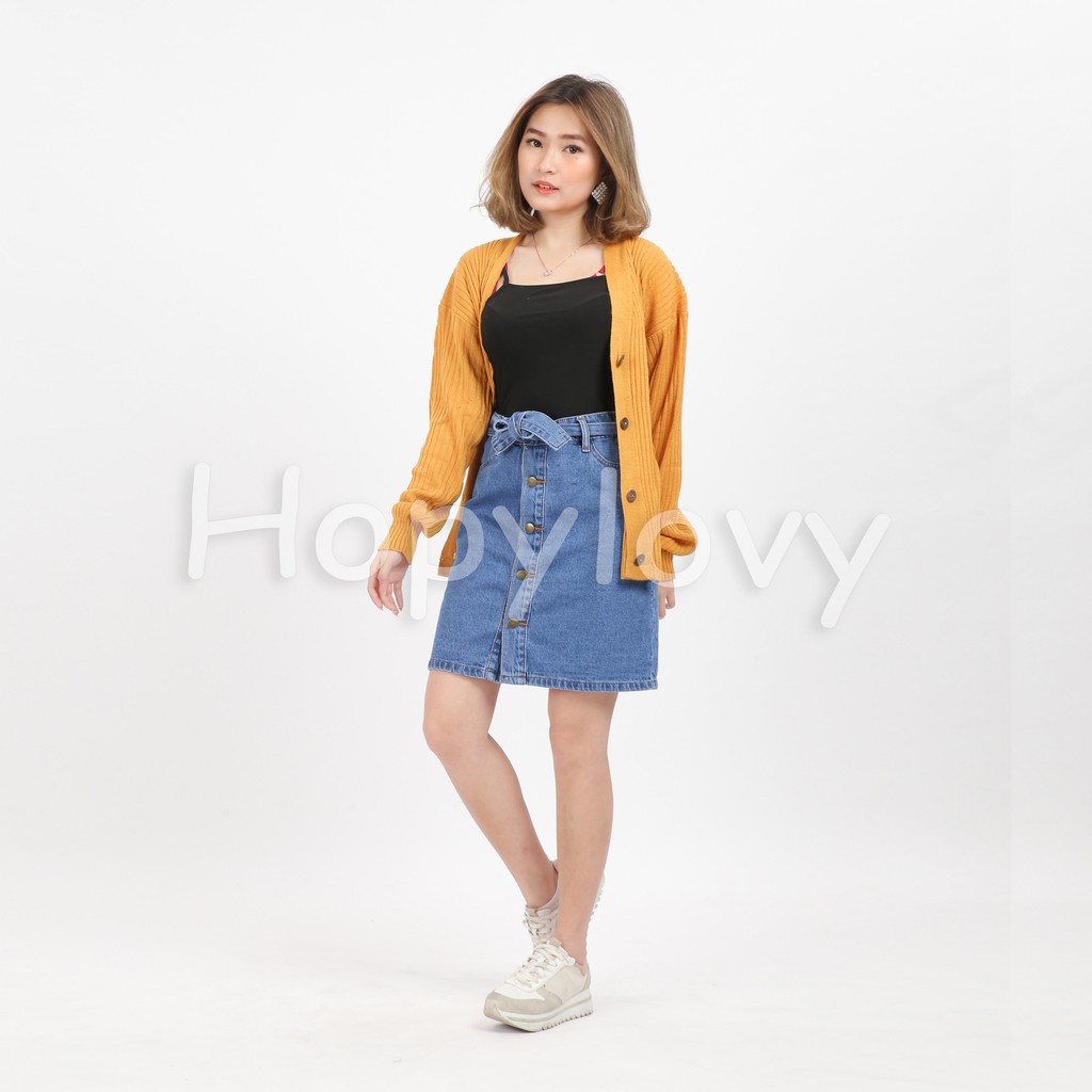 Promo hopy HOPYLOVY Rok Jeans Midi Wanita Yuan Kancing Depan Free Belt Tali Diskon murah