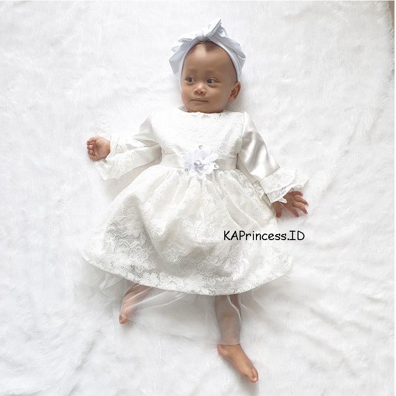 Baju Muslim Bayi 6 12 Bulan warna Putih Set Gamis Anak Perempuan 1 Tahun Baju Aqiqah Baby NewBorn Bahan Brukat Adem KA93