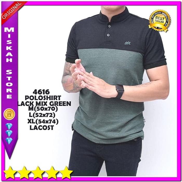 BAJU KAOS COWOK KERAH SHANGHAI SIX HITAM HIJAU FASHION PRIA TERLARIS
