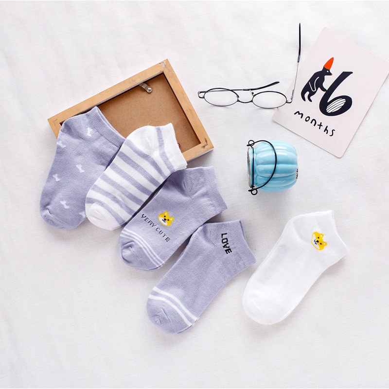 OVERFLOWS.ID  5PCS Kaos Kaki Wanita Ala Korea Ankle Socks 5in1 Banyak Motif Cute Lucu Keren