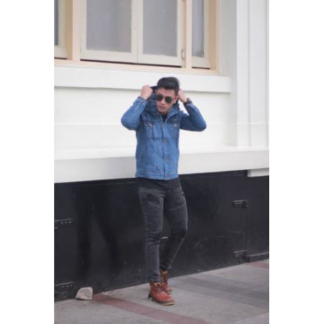 Jaket Denim Hoodie Jeans Biowash / Biru tua Pria (Jaket Jeans Kupluk)