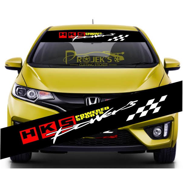 Stiker mobil kaca Depan HKS POWERED SPORTS with background hitam