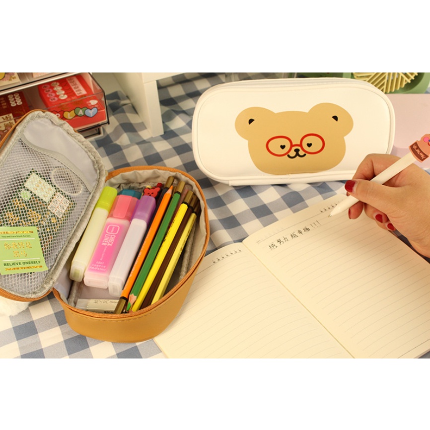 Tempat Pensil BERUANG BERKACAMATA Ukuran JUMBO / Tempat Alat Tulis Besar Motif TEDDY BEAR Beruang Pakai Kacamata Lucu / Tepak Pensil Kartun Beruang Lucu / Wadah Serbaguna Gambar Beruang