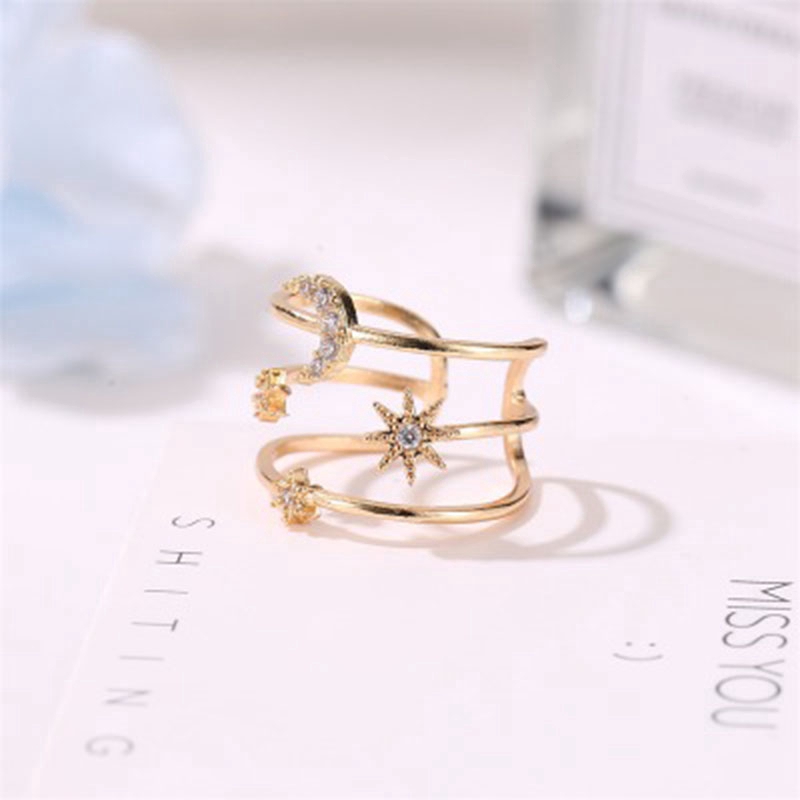 Three-layer Hollow Gold Rings Moon Star Beads Ring for Women Charm Ring Wedding Fashion Jewelry Party Gifts