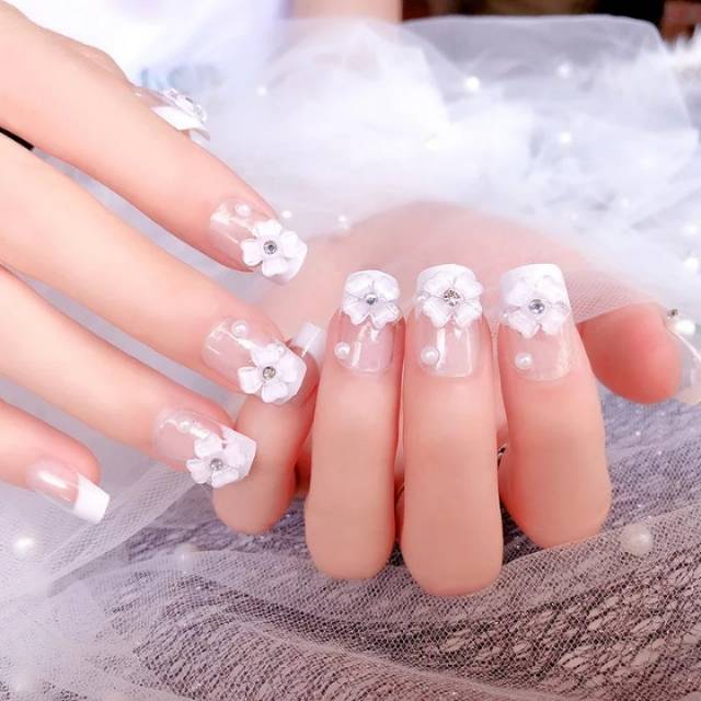 Kuku Palsu 3D / Wedding Fake Nail White Flower / Nail art