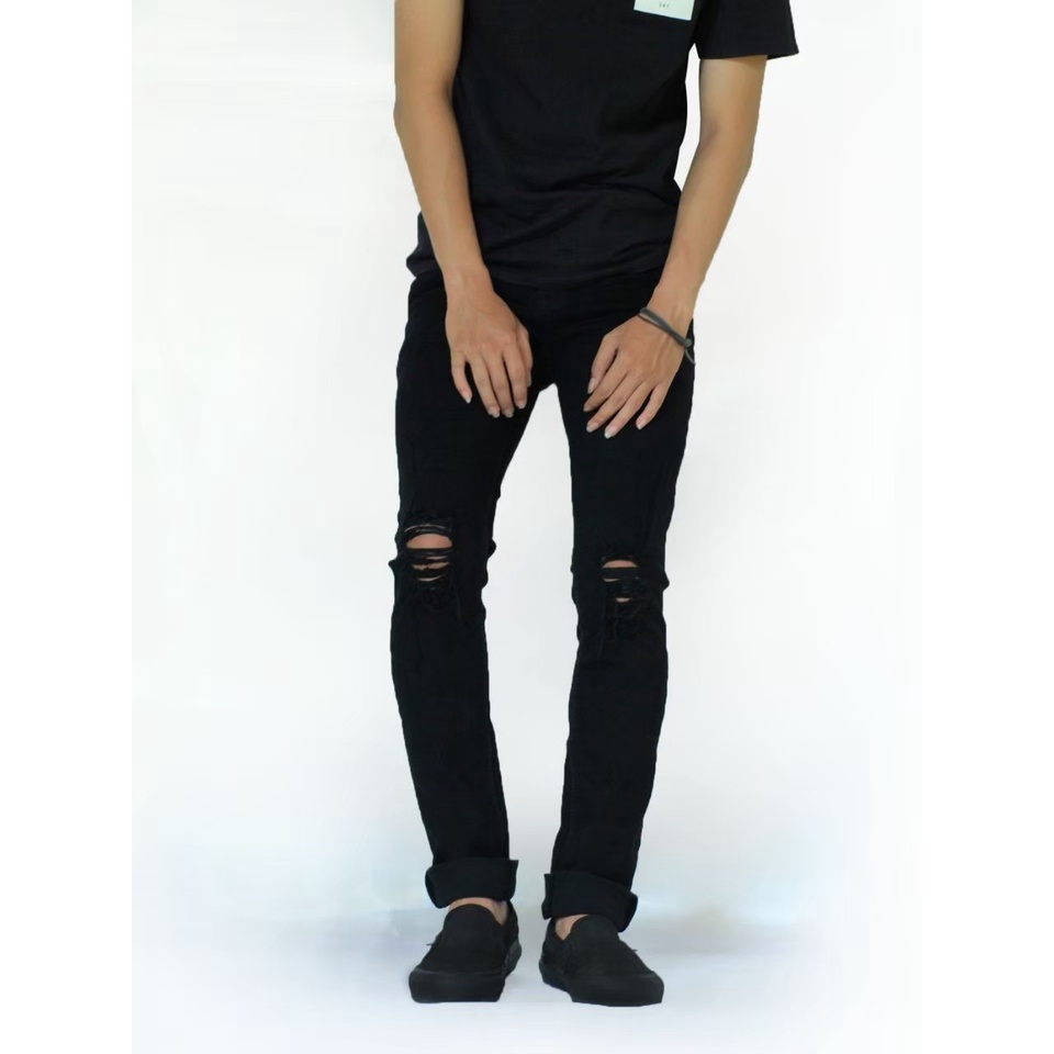 Celana Jeans Sobek lutut Pria Ripped / Celana Panjang Street Melar Skinny