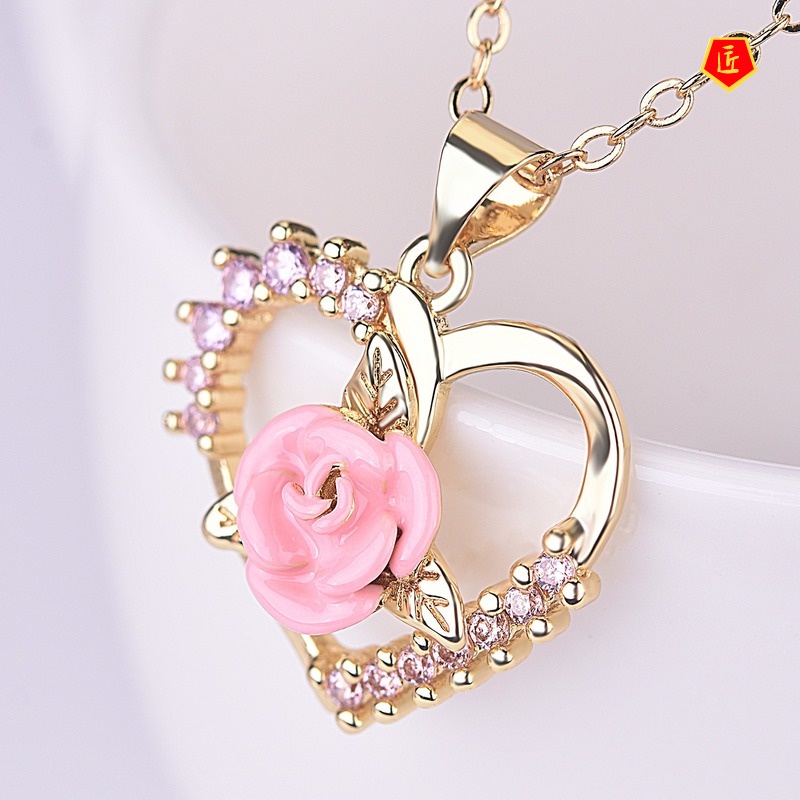 [Ready Stock]Creative Diamond Zircon Rose Heart-Shaped Pendant New Fashion