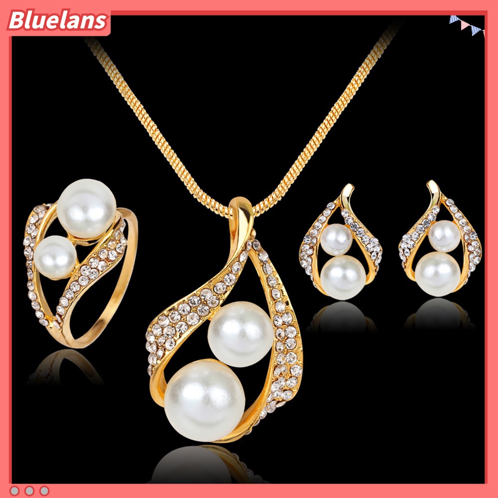 Bluelans Wedding Bridal Imitation Pearl Rhinestone Hollow Stud Earrings Ring Necklace Set