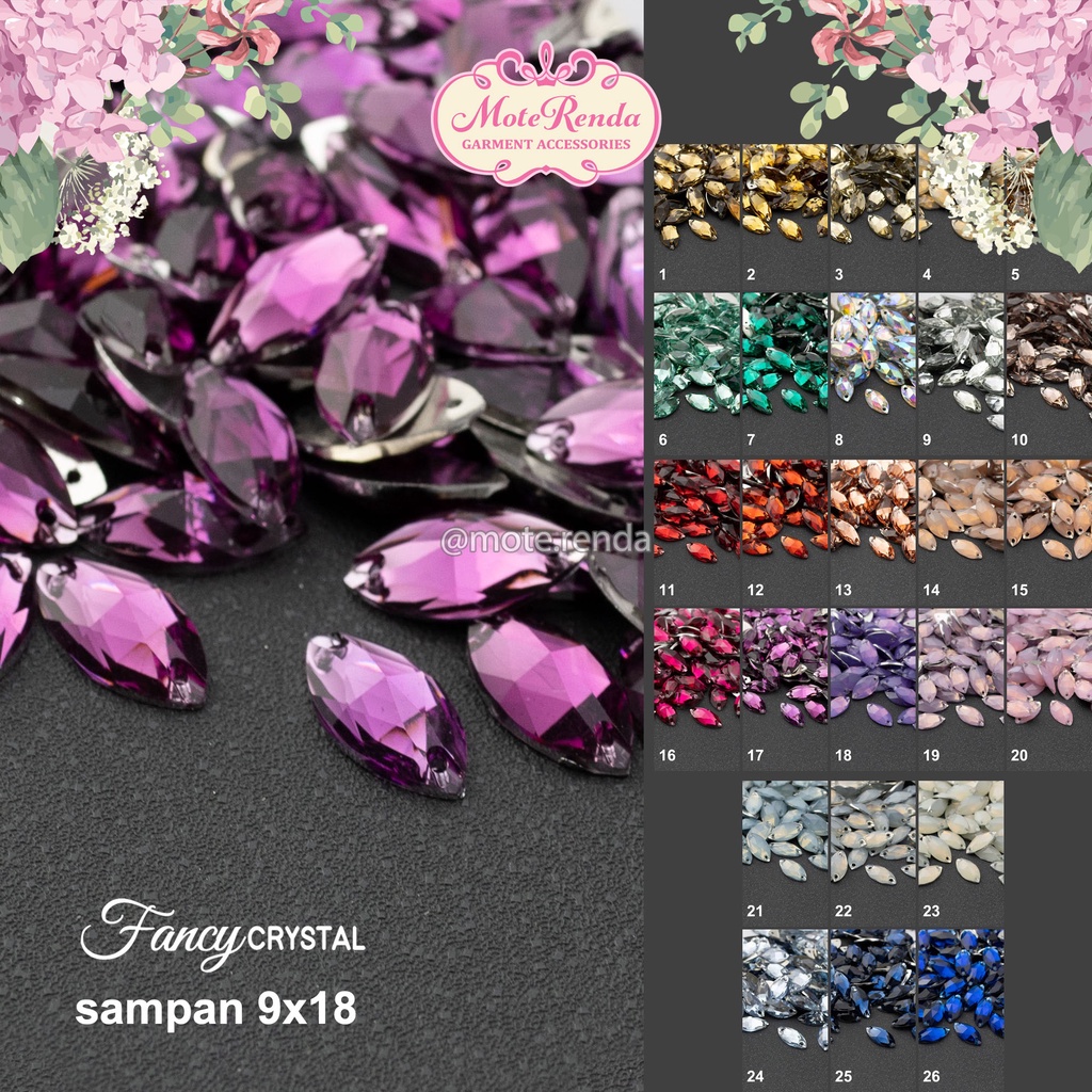 Mote jahit kristal Fancy, bentuk navette, size 9x18mm (harga per lusin), kode 3SFC