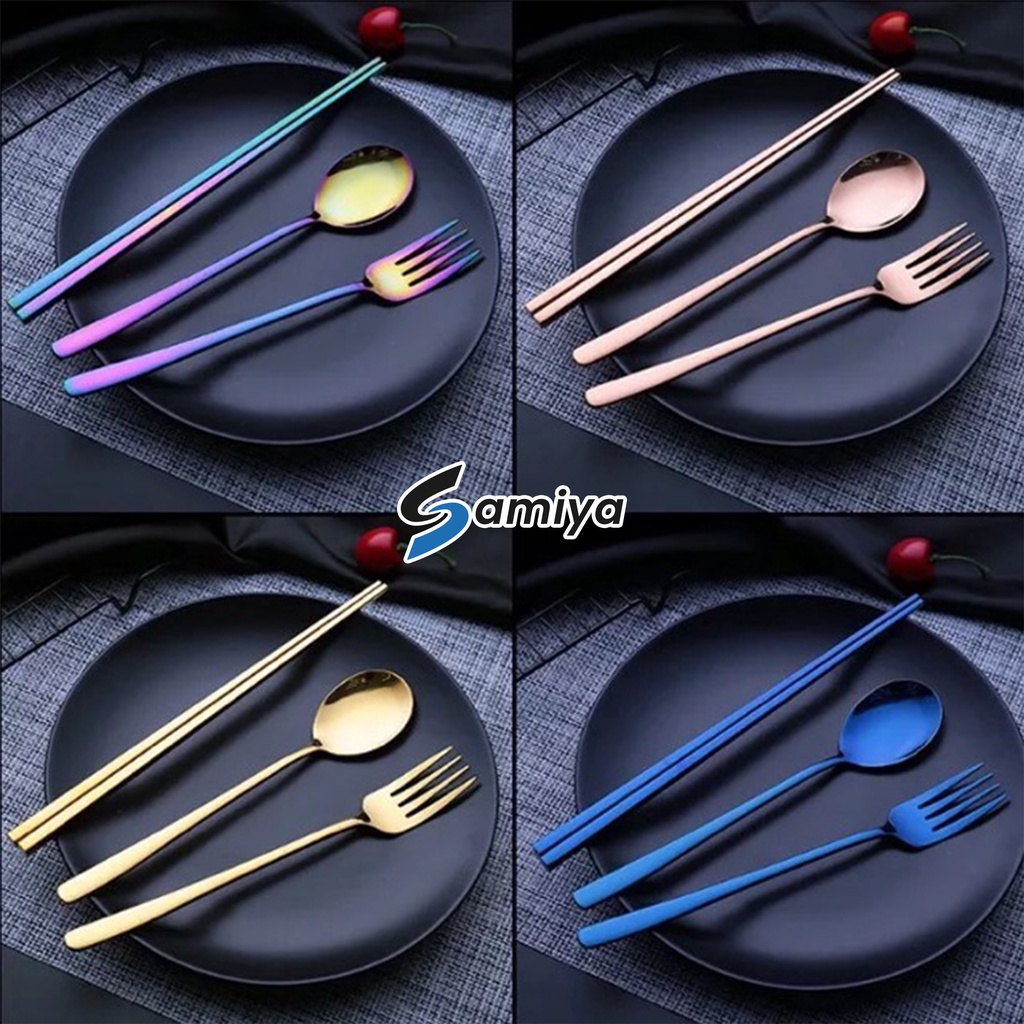 Sendok garpu sumpit warna / sendok garpu sumpit korea set / alat makan korea jepang set