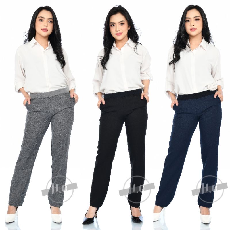 Celana Kerja Kantor Formal Wanita Pinggang Karet Panjang Bahan Hitam Polos Model Slimfit Celana Hita