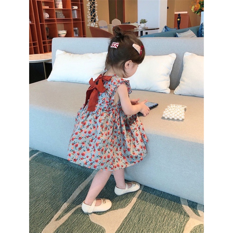 Dress Anak Perempuan Korean Fashion Floral Pita Red Non-Sleeve Gaun