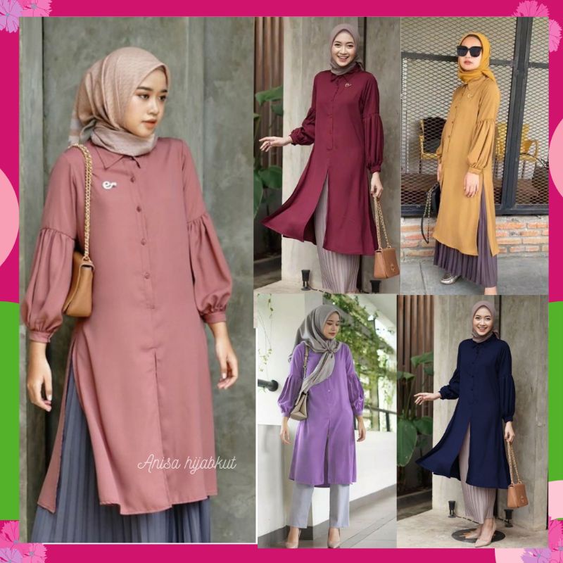 [GOOD QUALITY] TUNIK WANITA LENGAN BALON BAHAN MOSCREPE / DIANARA LONG TUNIK/ Atasan wanita muslim