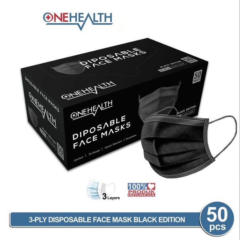 MASKER HITAM ONE HEALTH BLACK EDITION  3 PLY EARLOOP/ DISPOSABLE FACE MASK ONE HEALTH BLACK EDITION