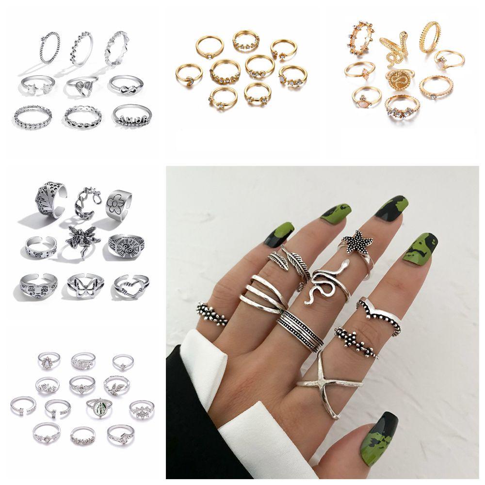 Lily 9 Pcs Kupu-Kupu Sudut Bunga Baru Vintage Gothic Multi Elemen Cincin Set