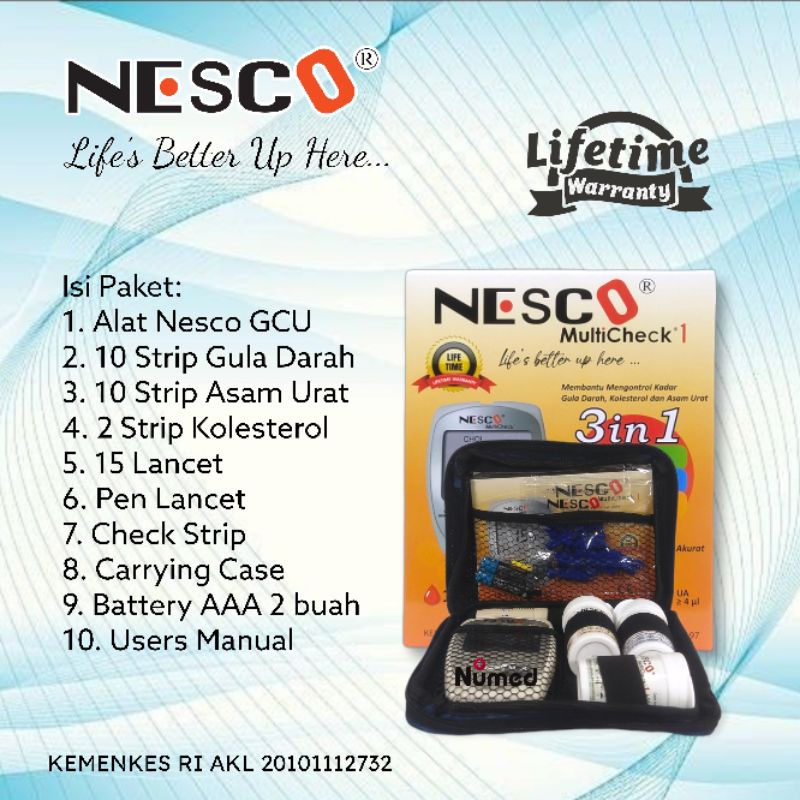 Alat Nesco Multicheck GCU 3 in 1 Monitoring Cek Gula Darah, Asam Urat, Kolesterol