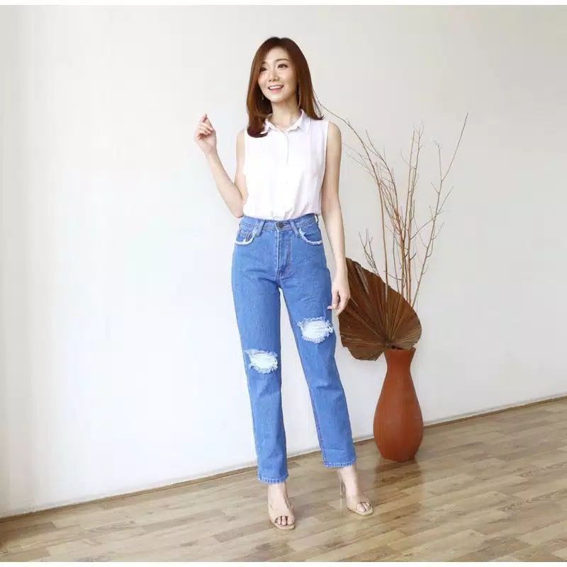 Celana Boyfriend Jeans Sobek Ripped Wanita Lapis puring Standar