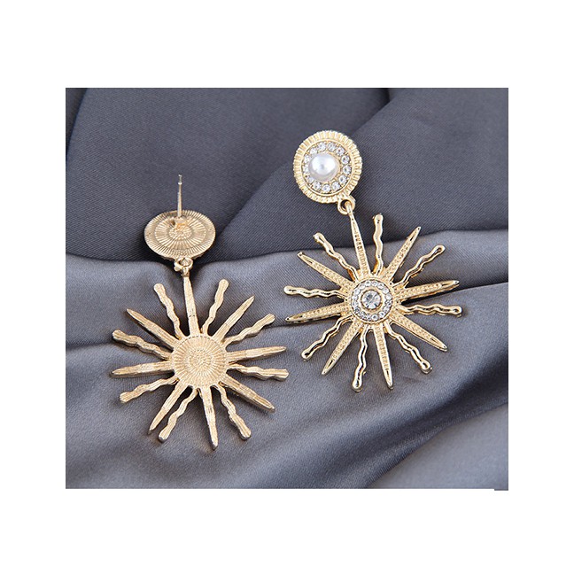 LRC Anting Tusuk Fashion Golden Sunflower Alloy Earrings With Diamonds A61819