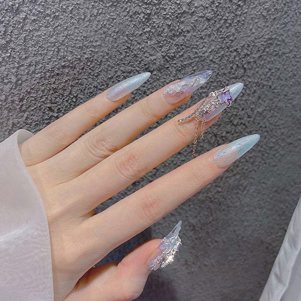 Mxbeauty Kuku Seni Berlian Imitasi Mewah Planet Pesona Rumbai Rantai Logam Zirkon DIY Perhiasan Nail Art