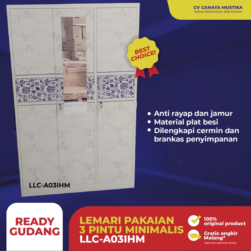Lemari Pakaian Plat Besi 3 Pintu Ayun Brankas Penyimpanan Bercermin Modern Minimalis Serbaguna