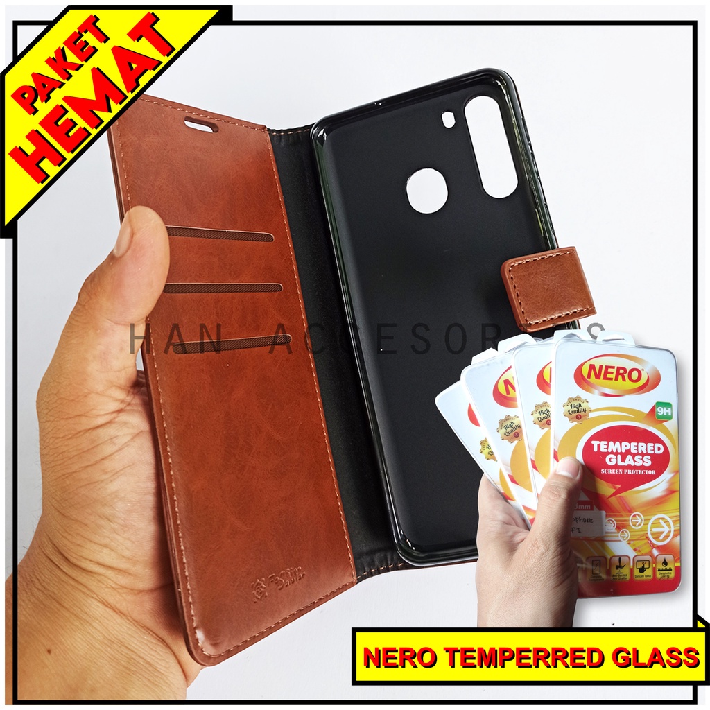 (PAKET HEMAT) Fashion Selular Flip Leather Case Samsung Galaxy A21 Flip Cover Wallet Case Flip Case + Nero Temperred Glass