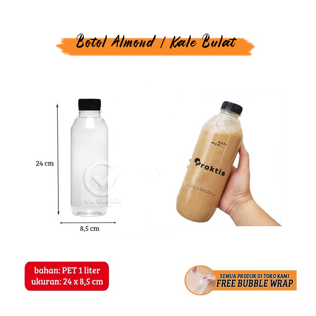 Botol Pet Almond Bulat 1 Liter / Kale / Botol Kopi Jus (1 Pcs)