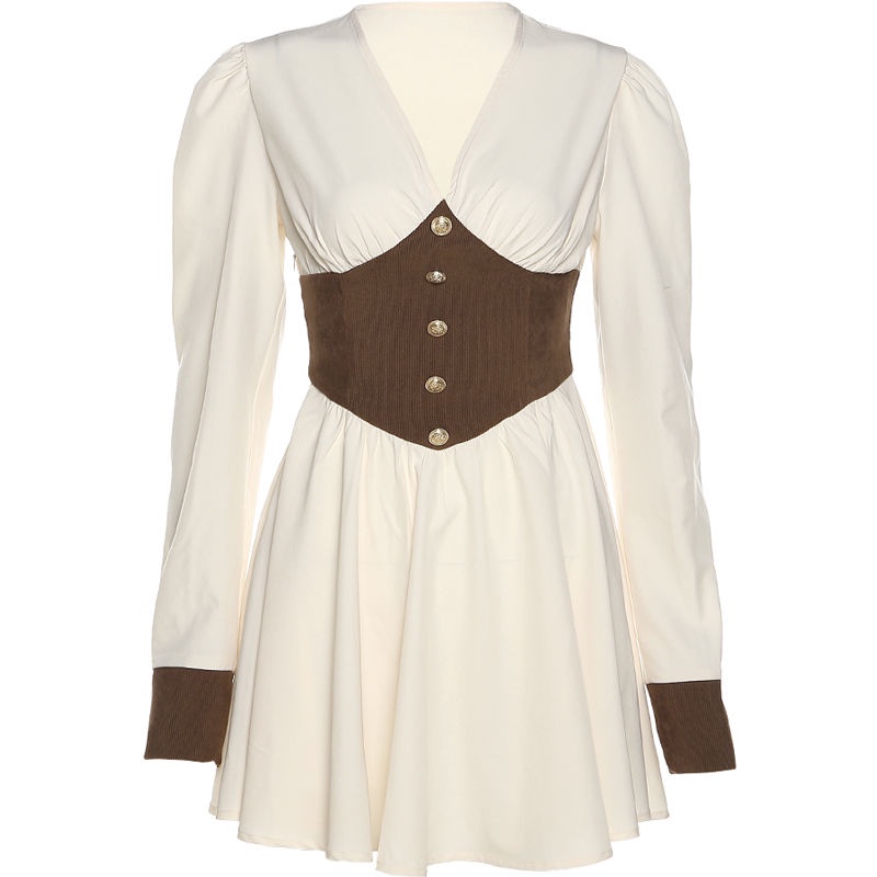 #Sisjuly# Wanita Retro French Hepburn Dress Menunjukkan Warna Kontras Tipis Pinggang Leher V Serbagu