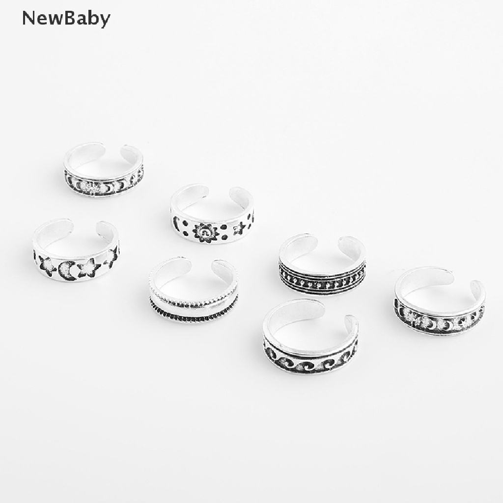 NewBaby 7Pcs Vintage Hollow Carved Star Moon Toe Rings Kits Adjustable Open Finger Ring ID