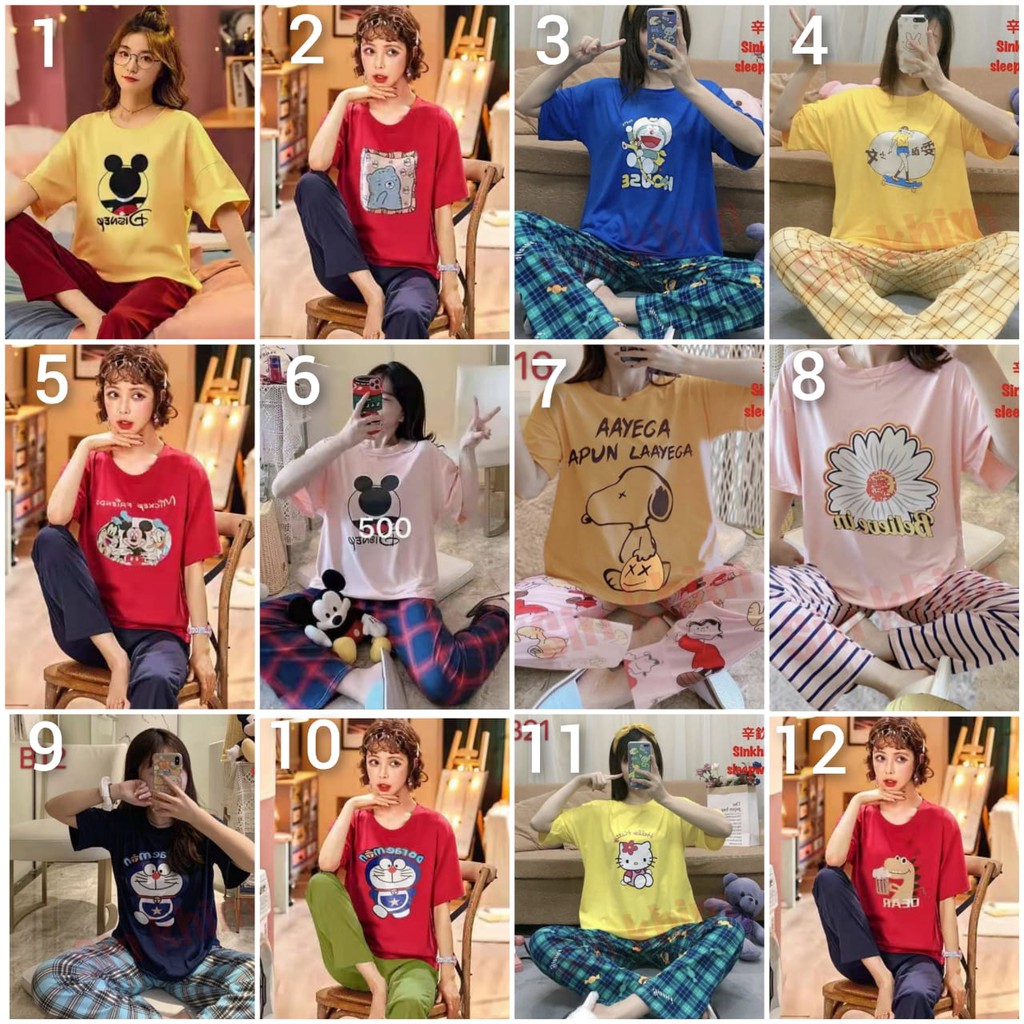 BAJU TIDUR PIYAMA GADIS CP SPANDEX IMPORT BERKUALITAS MOTIF KAOS LENGAN PENDEK SETELAN CELANA PANJANG MOTIF DORAEMON MIKI TERBARU SIZE L-XXL FIT TO 75KG