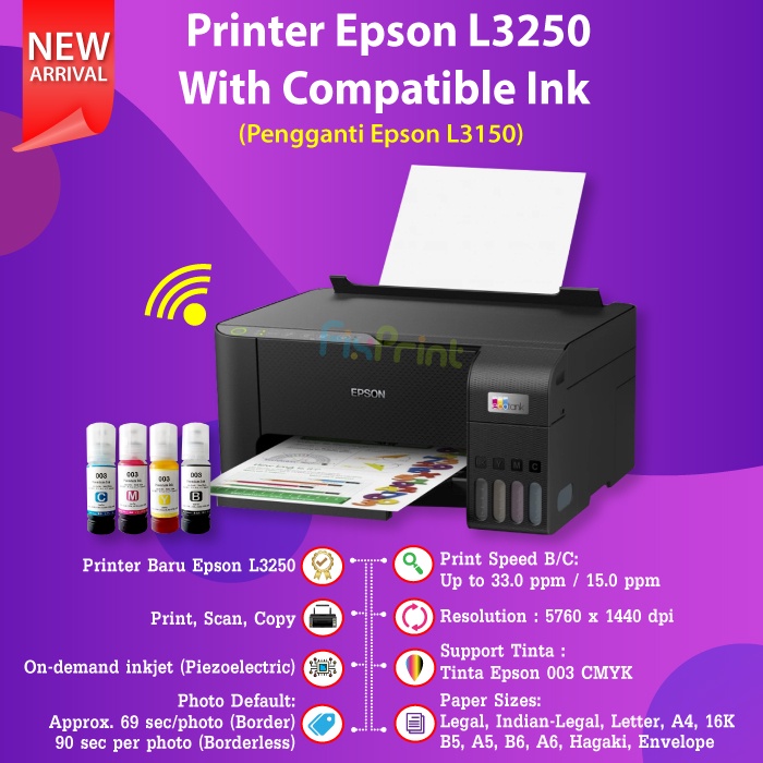 Printer Epson L3250 Black / L3256 White WiFi All in One Printer Wireless L-3250 L-3256 Print Scan Copy Pengganti L3150 Borderless printing up to 4R