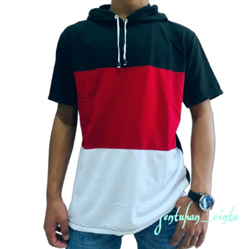 kaos hoodie lengan pendek kaos bertopi polos lengan pendek motif tiga warna