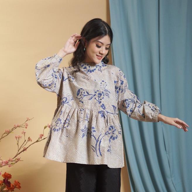 NONA RARA-Janur indigo T1382,Baju atasan blouse kerja batik wanita