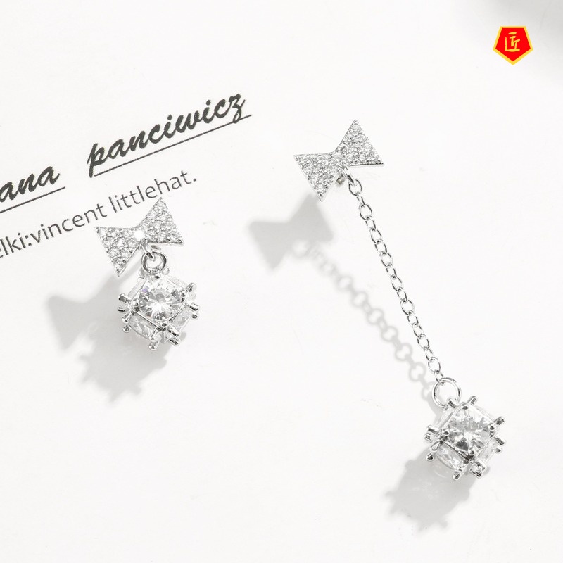 [Ready Stock]925 Silver Bow Diamond Asymmetric Long Earrings