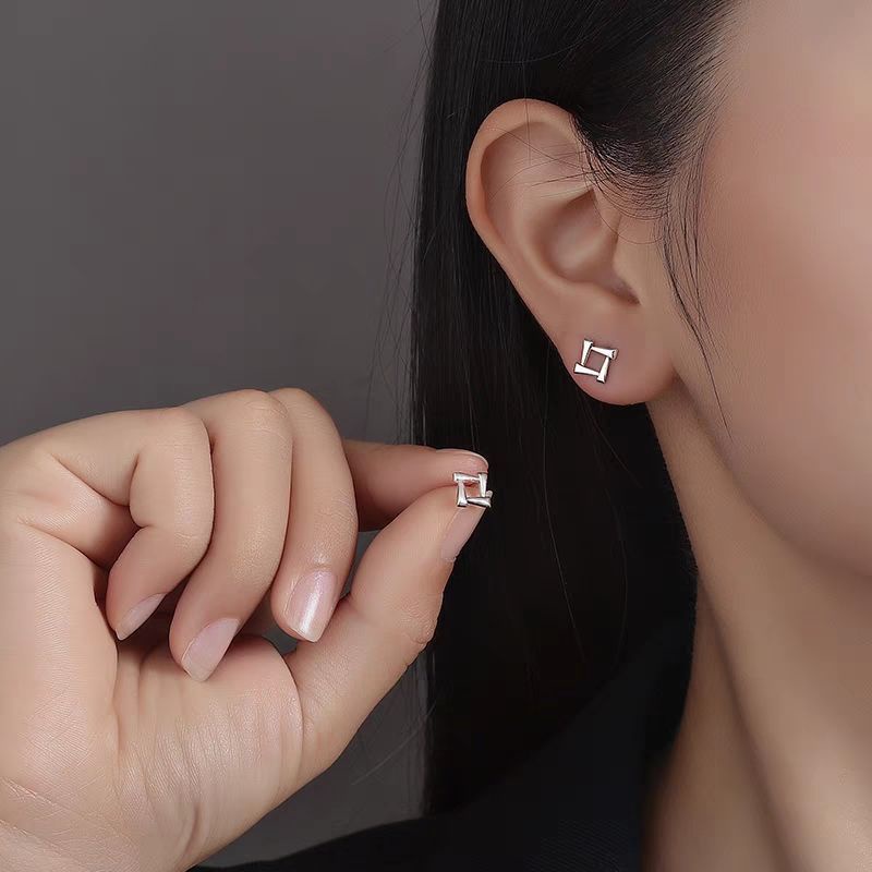 We Flower Anting Stud S925 Silver Bentuk Segitiga Persegi Geometris Hollow Minimalis Untuk Wanita
