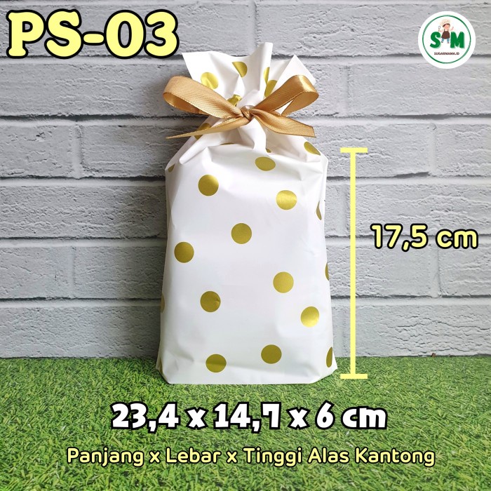 

Ginger- (10pcs) Kemasan Plastik Kantong Serut Pita Cookies Goodiebag Hampers - PS-03 Gold