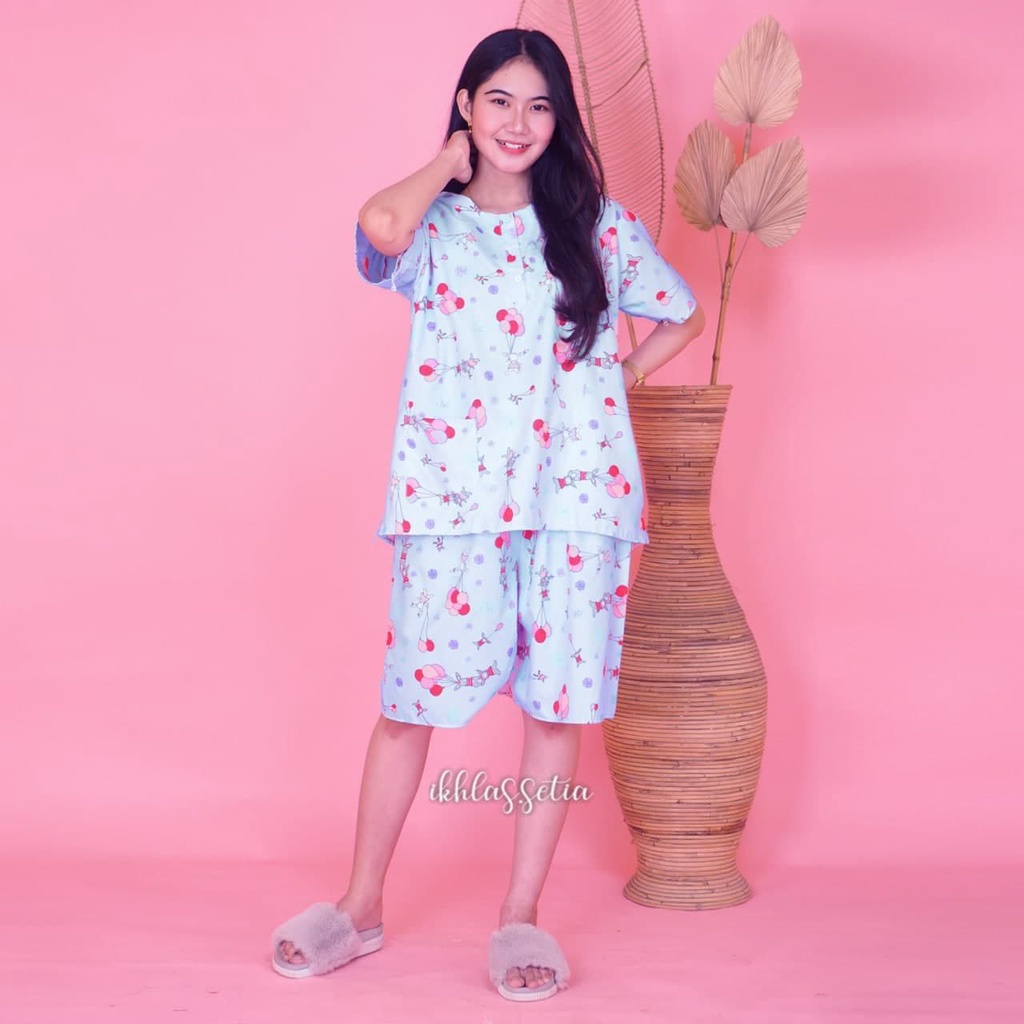 PIYAMA SETELAN PENDEK JUMBO KATUN KARAKTER BAJU TIDUR KANCING DEPAN-KJ BIRU BALON
